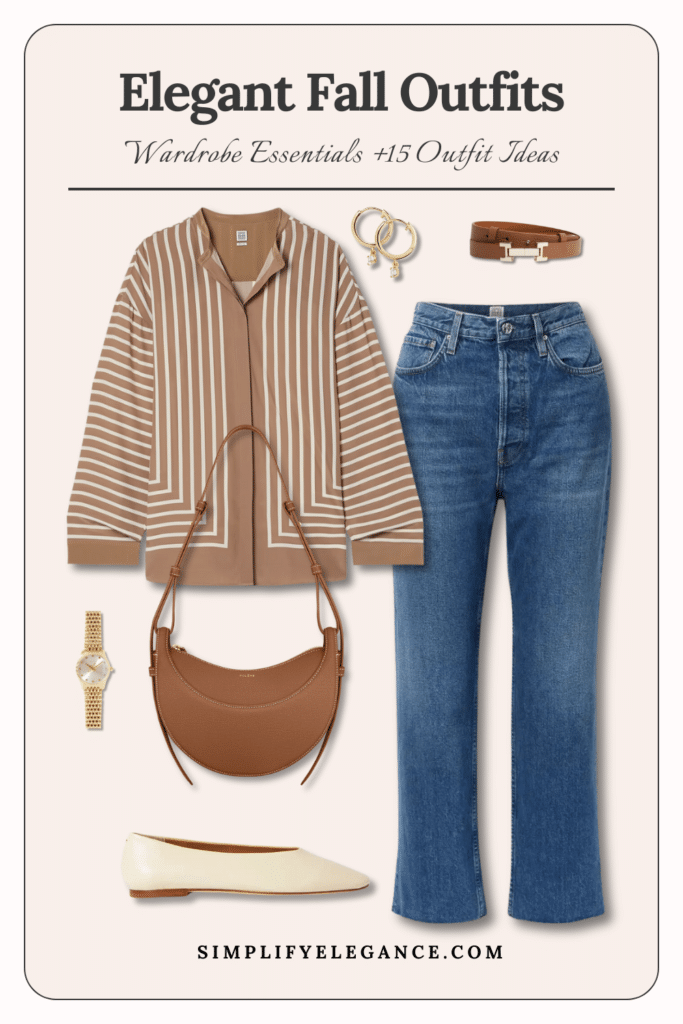 Elegant fall outfits 10 - jeans, tan bag, tan stripes top, ballet flats