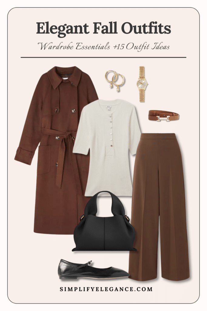 Elegant fall outfits 11 - brown trench coat, white knit top, brown trousers, mary jane shoes