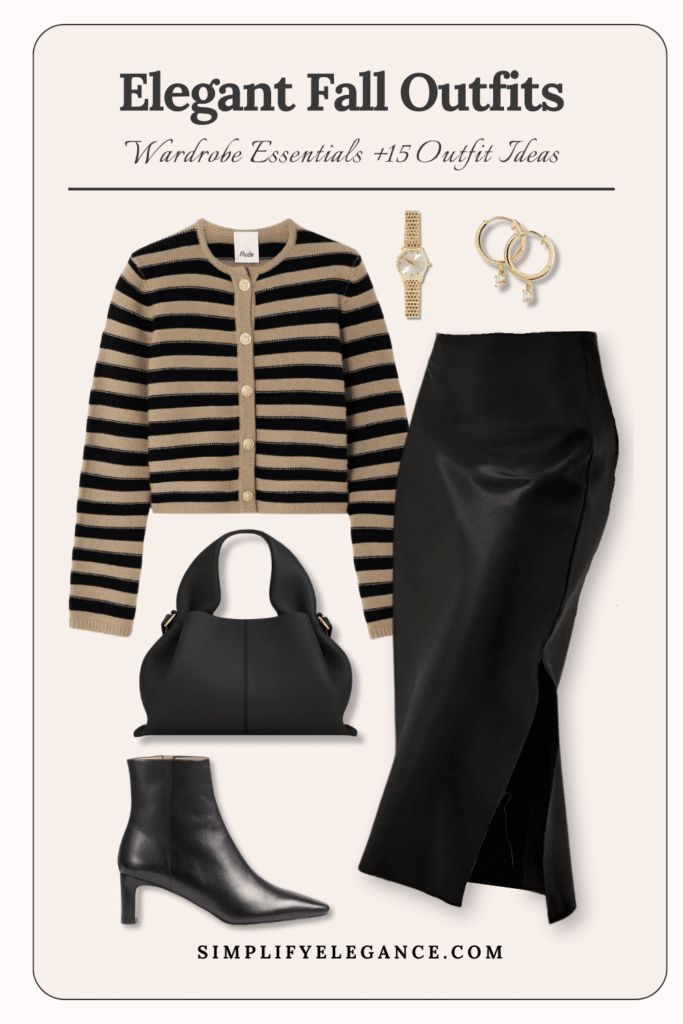 Elegant fall outfits 12 - striped cardigan, black silk skirt, black ankle boots and bag