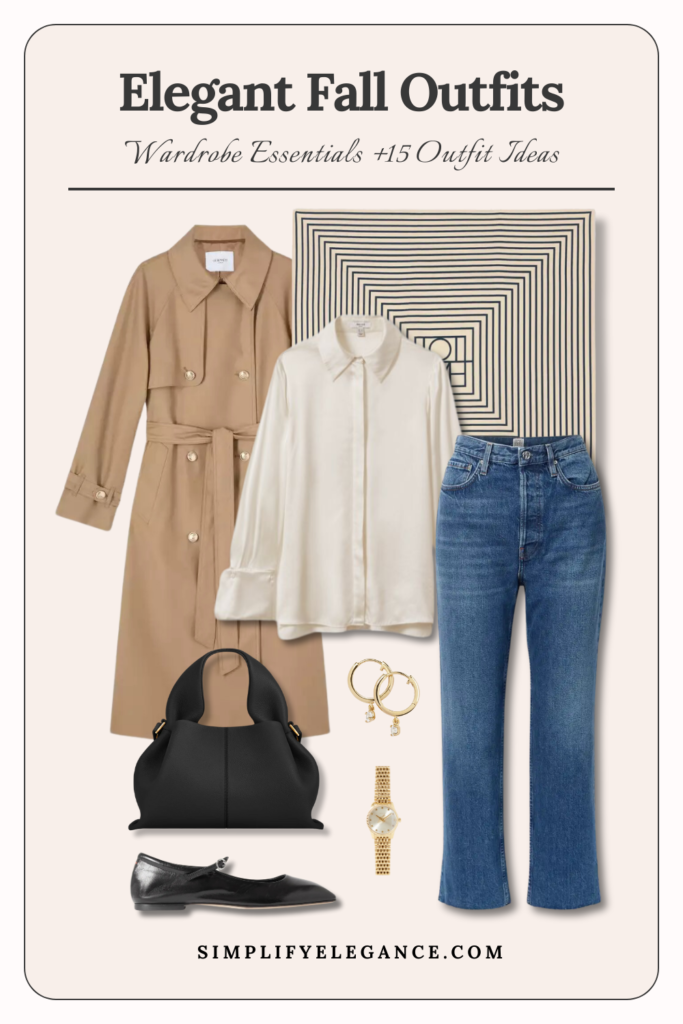 Elegant fall outfits 13 - trench coat, white button up top, jeans, mary jane shoes