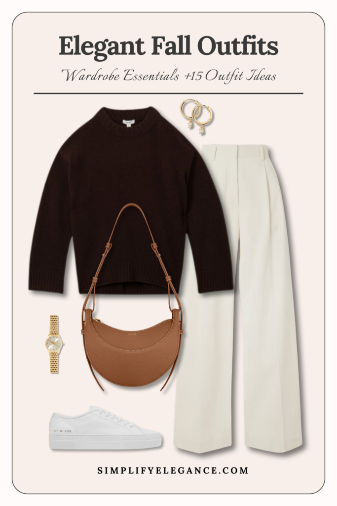 Elegant fall outfits 14 - brown jumper, tan bag, white trousers, white sneakers