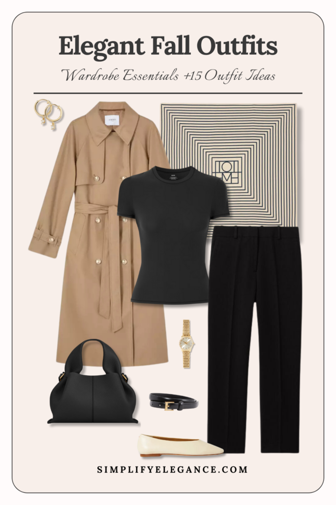 Elegant fall outfits 15- trench coat, black t shirt, black trousers, ballet shoes