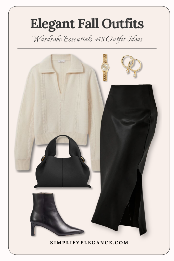 Elegant fall outfits 3 - black silk skirt, white jumper, black ankle boots