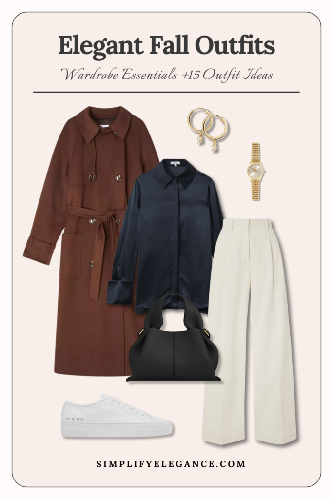 Elegant fall outfits 4 - Brown trench coat, navy silk top, whit trousers