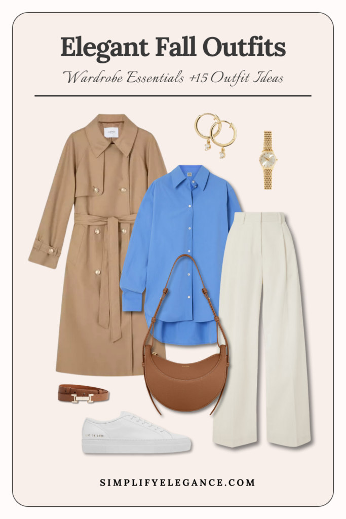 Elegant fall outfits 6 - trench coat, light blue top, white trousets, tan bag