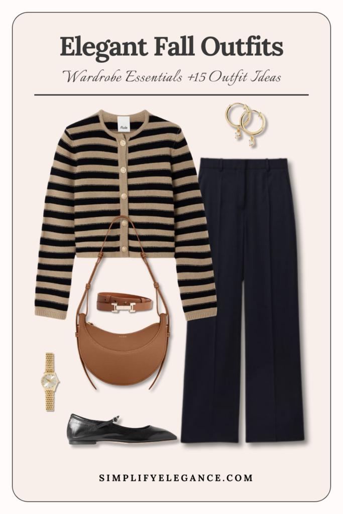 Elegant fall outfits 7 - striped cardigan, navy trousers, tan bag, mary jane shoes