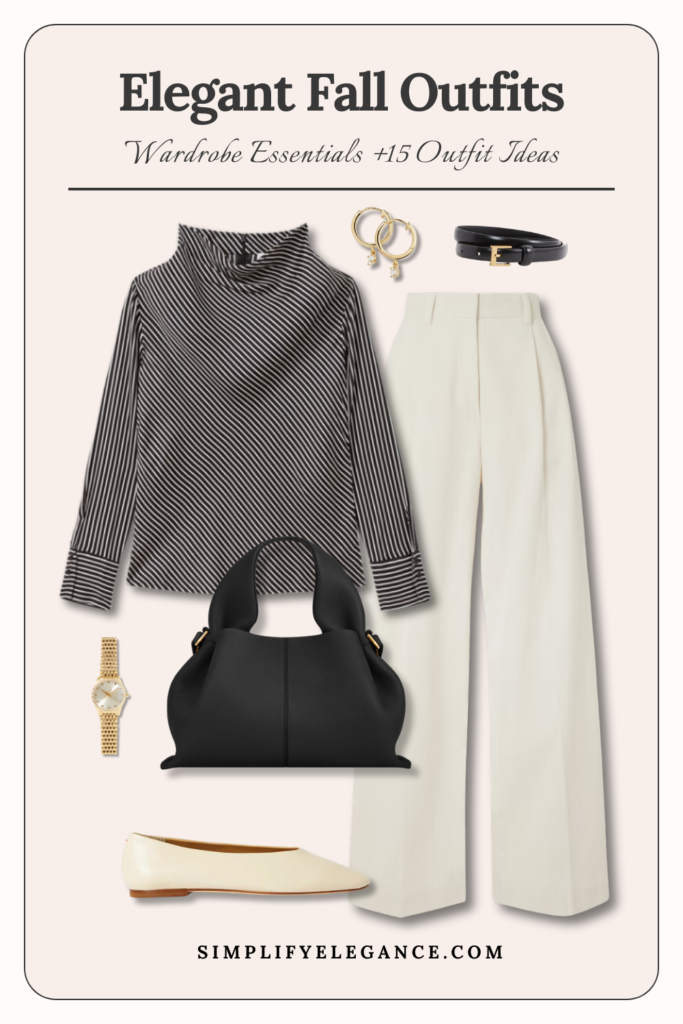 Elegant fall outfits 8 - striped blouse, white trousets, ballet flats, black bag