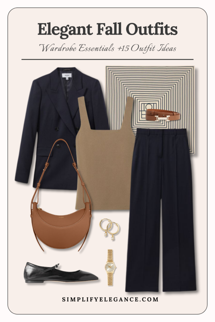 Elegant fall outfits 9 - navy elegant suit. stripes silk scarf, camel top, tan bag